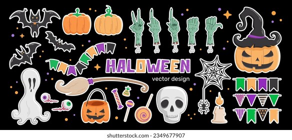 Halloween design elements set, sticker set with Halloween symbols, pumpkins, candies, zombie hands, ghost and bats isolated on a black background.