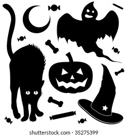 Halloween design elements silhouette set.  Includes black cat, jack o lantern pumpkin, ghost, and witch's hat.