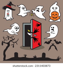 Halloween design elements. Vector illustration of a set of cartoon ghost characters.
