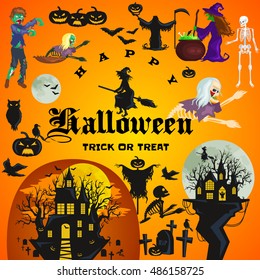 Halloween design elements with witches on broomstick and cooks potion in cauldron, Castle in the forest with a full moon, a cemetery with live skeletons, bats owl pumpkins zombies label