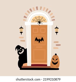 Halloween design. Entrance door decorated for Halloween. Carved pumpkin, bat, spider and ghost silhouette near front door. Vector illustration