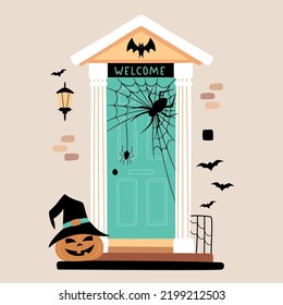 Halloween design. Entrance door decorated for Halloween. Carved pumpkin, witch hat, bats, spiderweb near front door. Vector illustration