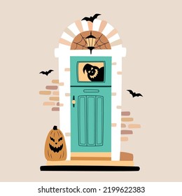 Halloween design. Entrance door decorated for Halloween. Carved pumpkin, bats, spiderweb and ghost silhouette near front door. Vector illustration