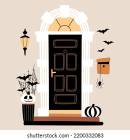 Halloween design. Entrance door decorated for Halloween. Carved black and white pumpkins, bats, spiderweb near black front door. Vector illustration