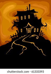 Halloween Design Featuring the Silhouette of a Haunted House on Top of a Hill- Vector