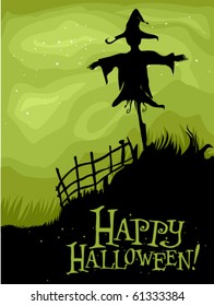 Halloween Design Featuring the Silhouette of a Scarecrow in a lonely field - Vector