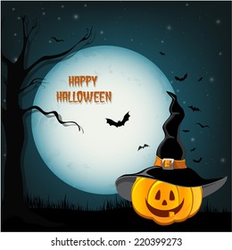 Halloween design - Forest pumpkins. Horror background with autumn valley with woods, spooky tree, pumpkins and spider web. Space for your Halloween holiday text.
