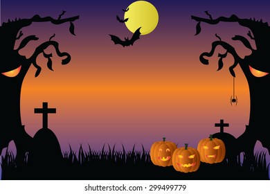 Halloween design Forest pumpkins. Horror background with autumn valley with woods, spooky tree, pumpkins and spider vector