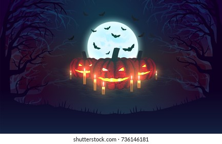 Halloween design - Forest pumpkins. Horror background with woods, spooky tree, bats, moon and pumpkins. Space for your Halloween holiday text. Horizontal banner. Vector illustration.