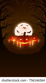 Halloween design - Forest pumpkins. Horror background with woods, spooky tree, bats, moon and pumpkins. Space for your Halloween holiday text. Vertical banner. Vector illustration.