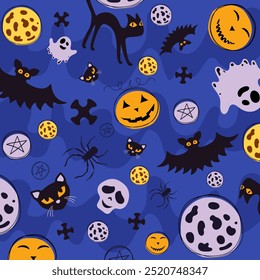 Design de Halloween. Fantasmas, gatos, morcegos, lua, rosto de abóbora, cruz, aranha, pentagrama, truque ou delícias, assustador, padrão para o fundo, assustador, vampiros, vida após a morte, monstros, spook, espírito, medo