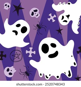 Design de Halloween. Fantasmas, cruz, aranha, pentagrama, crânio, esqueleto, truque ou delícias, assustador, padrão para o fundo, assustador, vampiros, vida após a morte, monstros, spook, espírito, medo. Vetor