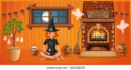 Halloween design. A girl dressed as a witch sits near a fireplace in a cozy room decorated for Halloween. Vector illustration
