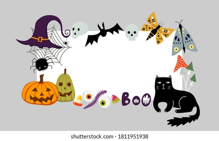 Halloween design for greeting card, banner, poster, invitation. Vector isolated elements. Black cat, witch hat spider web, moths, pumpkins. Trick or treat party flyer template. Flat cartoon design. 