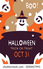 Halloween design.For greeting card,invitation or poster etc.Cute ghosts and pot.