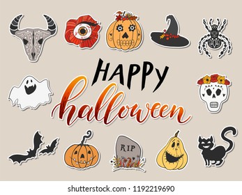 Halloween design hand drawn set for stickers, posters, party invitation, gift or greeting cards, banner templates. Handwritten lettering, cartoon doodles, collection of elements. Vector illustration