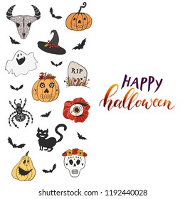 Halloween design hand drawn set for stickers, posters, party invitation, gift or greeting cards, banner templates. Handwritten lettering, cartoon doodles, collection of elements. Vector illustration