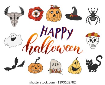 Halloween design hand drawn set for stickers, posters, party invitation, gift or greeting cards, banner templates. Handwritten lettering, cartoon doodles, collection of elements. Vector illustration