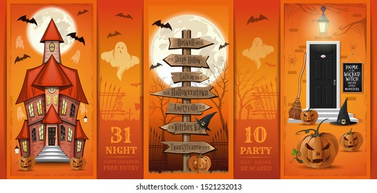 Halloween design. Haunted house and Halloween decorated house and vintage road sign. Invitation card for a Halloween night party. Eat, drink, be scared. Vector illustration