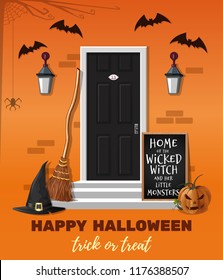 Halloween design. Home of the wicked witch and her little monsters. The house is decorated for the Halloween holiday. Vector illustration