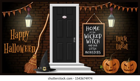 Halloween design. Home of the wicked witch and her little monsters. Brick house is decorated for the Halloween holiday. Vector illustration