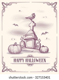 Halloween design. Horror background with grave and raven. Space for your Halloween holiday text