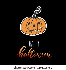 Halloween design icon or symbol of pumpkin. Handwritten lettering, calligraphy for greeting cards, banner template. Vector illustration on the black background