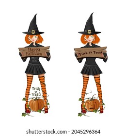 Halloween design icons set. Girl dressed as a witch congratulates on Halloween. Happy Halloween. Trick or treat. Vector illustration