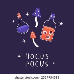 Halloween design illustration of potions, mushrooms, stars. Halloween symbol and handwritten lettering. Perfect for greeting card, poster template, party invitation. Vector illustration