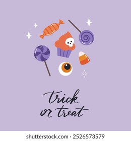 Halloween design illustration of sweet treats. Halloween symbol and handwritten lettering trick or treat. Perfect for greeting card, banner, poster template, party invitation. Vector illustration