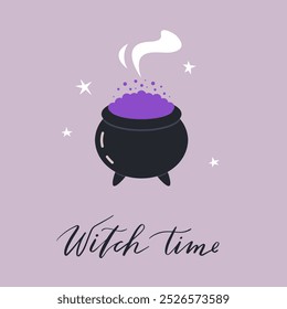 Halloween design illustration of witch cauldron. Hand drawn Halloween symbol and handwritten lettering. Perfect for greeting card, flyer, banner, poster template, party invitation. Vector illustration