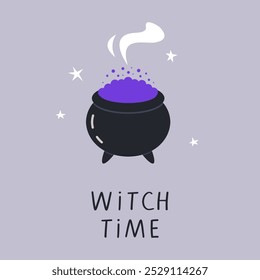 Halloween design illustration of witch cauldron. Hand drawn Halloween symbol and handwritten lettering. Perfect for greeting card, flyer, banner, poster template, party invitation. Vector illustration