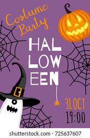 Halloween design. Invitation or greeting card. Banner template. Flat style vector illustration. Cute characters. Ghost in hat.