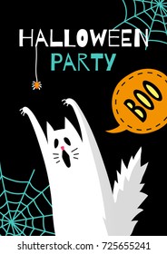 Halloween design. Invitation or greeting card. Banner template. Flat style vector illustration. Cute characters. Spooky cat ghost.
