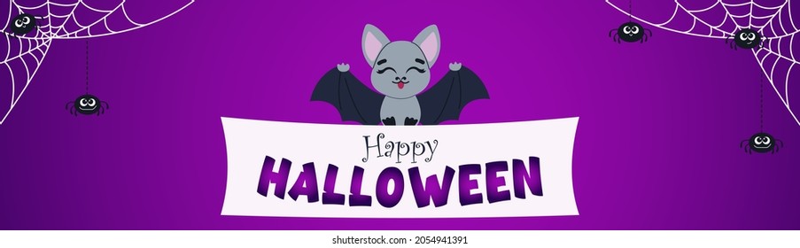 Halloween design, Halloween mood Wide purple banner with white spider web and spiders. Cute cartoon bat