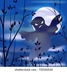 Halloween  design - night, ghost on big moon background, fog, branch of tree on foreground