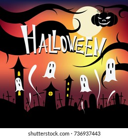 Halloween Design with Night Scene with Various Elements