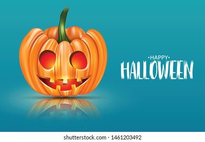 Halloween design with orange pumpkin with cut out glowing faces. Typography text on blue background. vector illustration.