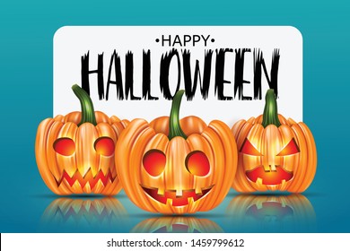 Halloween design with orange pumpkins with cut out glowing faces and a white banner sign with typography text on blue background. vector illustration.