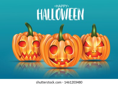 Halloween design with orange pumpkins with cut out glowing faces. Typography text on blue background. vector illustration.