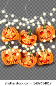 Halloween design page flyer or poster with pumpkins and glowing lights garland. Vector illustration with empty space for custom image.