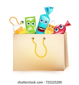 Halloween design with paper bag of candies monsters. Cartoon realistic style.