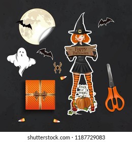 Halloween design. Preparing for the celebration of Halloween. Table with gifts for Halloween top view. Vector illustration