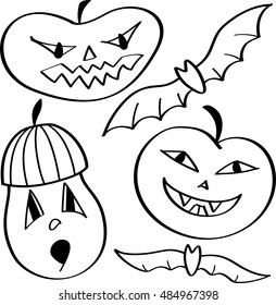 Halloween design with pumpkin and bat, pumpkin faces. Holiday elements, halloween set.