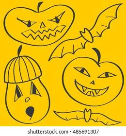 Halloween design with pumpkin and bat, pumpkin faces. Holiday elements, halloween set.