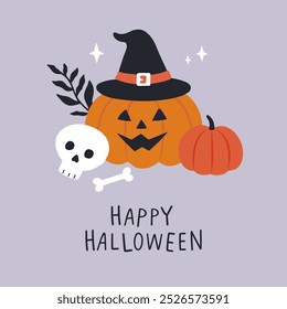 Halloween design, pumpkin witch hat, scull,  stars. Halloween symbol and handwritten lettering. Perfect for greeting card, banner, poster template, party invitation. Vector illustration