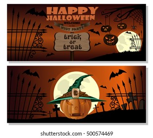 Halloween design. Halloween pumpkin in witch hat. Horizontal banner set for Halloween. Night, cemetery, full moon, jack-o'-lantern. Vector illustration