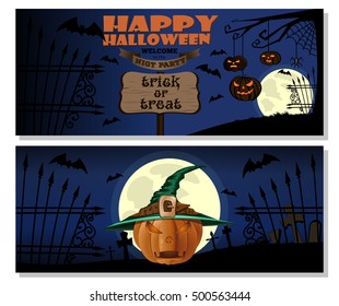 Halloween design. Pumpkin in witches hat. Halloween Jack-o'-lantern. Happy Halloween. Trick or treat. Vector illustration