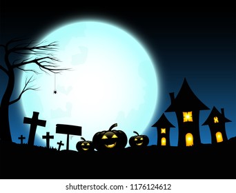 Halloween design with pumpkins and dark castle on full blue Moon background, Vector illustration