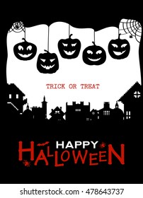 Halloween design pumpkins and houses. Black and white horror background with holiday text. Vector
